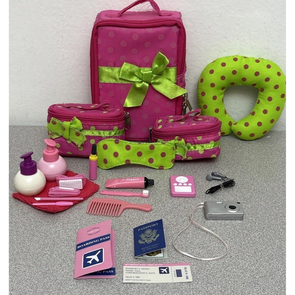 Our Generation 18" doll Well Travelled Luggage Set lot passport makeup bag tote